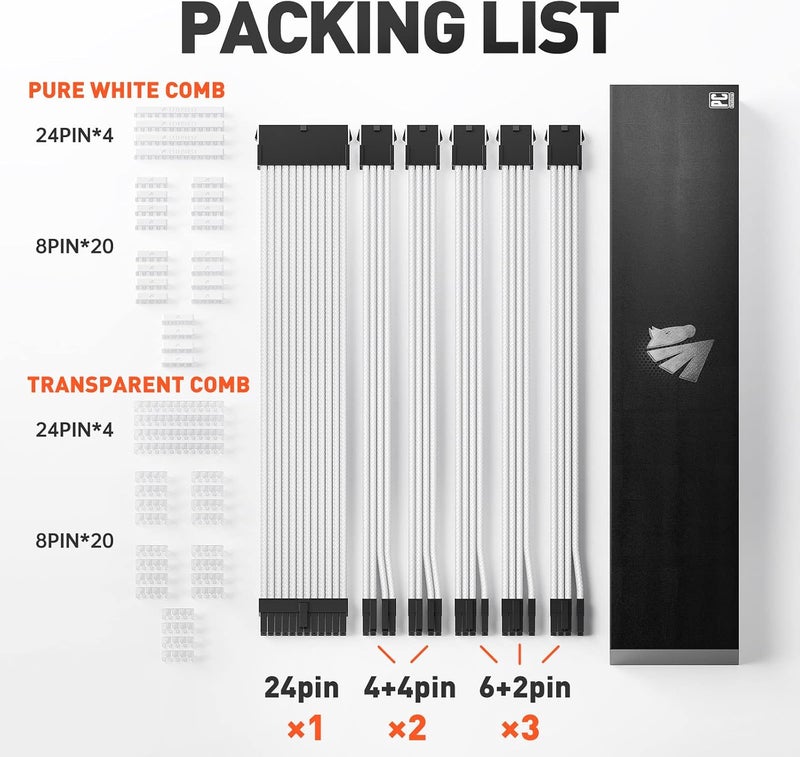 16AWG Pro Power Supply Sleeved Cable, White Power Supply Extension Cable Dual EPS Kit, 1x24-PIN/ 2x8-PORT (4+4) M/B,3x8-PORT (6+2) PCI-E, 30cm Length with 2 Set of Combs - Image 2