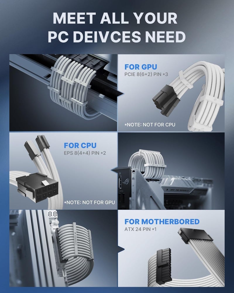 16AWG Pro Power Supply Sleeved Cable, White Power Supply Extension Cable Dual EPS Kit, 1x24-PIN/ 2x8-PORT (4+4) M/B,3x8-PORT (6+2) PCI-E, 30cm Length with 2 Set of Combs - Image 5