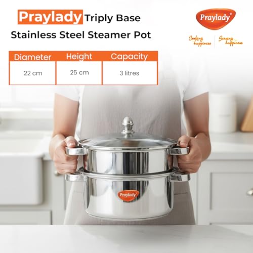 Praylady Triply Base Stainless Steel Steamer Pot | 22 cm | 3.0 L | 2-Tier | ISI Certified | Multi-Use for Idli, Momos, Modak, Vegetables, Dumplings, Pasta & Biryani | Gas, Induction & Dishwasher Safe - Image 2