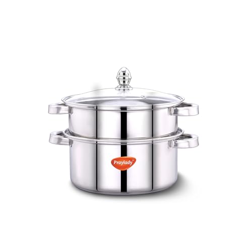 Praylady Triply Base Stainless Steel Steamer Pot | 22 cm | 3.0 L | 2-Tier | ISI Certified | Multi-Use for Idli, Momos, Modak, Vegetables, Dumplings, Pasta & Biryani | Gas, Induction & Dishwasher Safe - Image 1