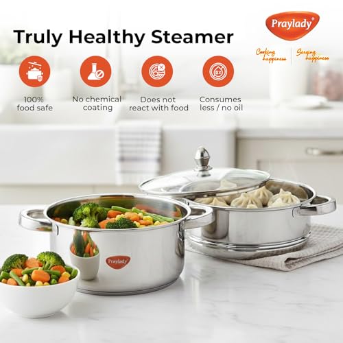 Praylady Triply Base Stainless Steel Steamer Pot | 22 cm | 3.0 L | 2-Tier | ISI Certified | Multi-Use for Idli, Momos, Modak, Vegetables, Dumplings, Pasta & Biryani | Gas, Induction & Dishwasher Safe - Image 3