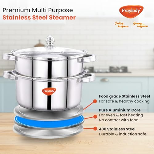 Praylady Triply Base Stainless Steel Steamer Pot | 22 cm | 3.0 L | 2-Tier | ISI Certified | Multi-Use for Idli, Momos, Modak, Vegetables, Dumplings, Pasta & Biryani | Gas, Induction & Dishwasher Safe - Image 4
