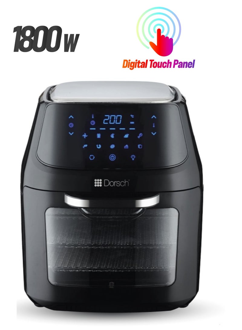 دورش فرن قلاية هوائية بتصميم دنماركي، 1800 واط، سعة 16 لتر، 10 برامج طهي (قلي، شواء، خبز)، شاشة لمس رقمية، تسخين سريع، بدون تسخين مسبق، غير لاصق، إيقاف تشغيل تلقائي، صينية تنقيط قابلة للإزالة، سهل التنظيف، موفر للطاقة - Image 1