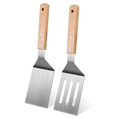 Lvrzng Stainless Steel Spatula Set, 2 Pcs Metal Spatulas for Kitchen Use, Professional Metal Spatula for Cast Iron Skillet with Wooden Handle, Ideal Choice for Making Desserts, Pancakes, Eggs, and BBQ - Image 1