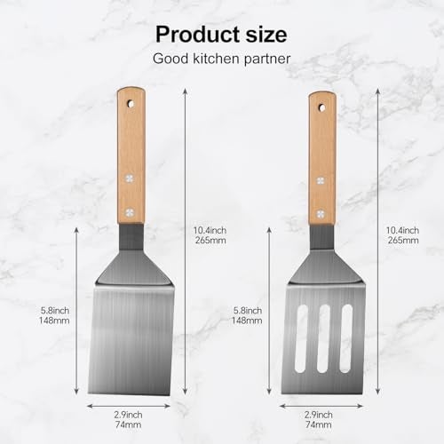Lvrzng Stainless Steel Spatula Set, 2 Pcs Metal Spatulas for Kitchen Use, Professional Metal Spatula for Cast Iron Skillet with Wooden Handle, Ideal Choice for Making Desserts, Pancakes, Eggs, and BBQ - Image 3