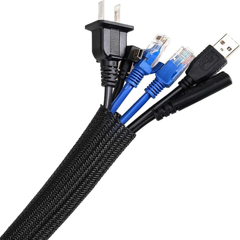 AGPtek Adjustable 3m/9.84ft Braided Cable Sleeve, Wire Management Sleeve Hider for TV Desk PC Cable Wraps with Flame Retardancy Wires Organizer and Protector(Black) - Image 1