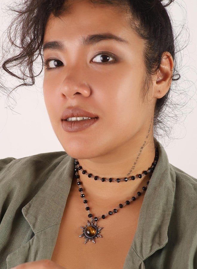 Sacina Gothic Emo Grunge Sun Necklace, Sun Pendant, Black Bead Choker, Gothic Necklace, Goth Choker, Halloween Christmas Jewelry Gift for Women - Image 3