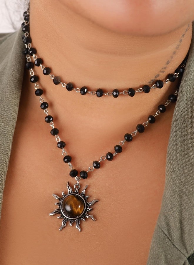 Sacina Gothic Emo Grunge Sun Necklace, Sun Pendant, Black Bead Choker, Gothic Necklace, Goth Choker, Halloween Christmas Jewelry Gift for Women - Image 2