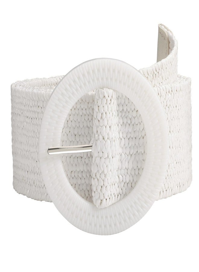 SUOSDEY Straw Woven stretchy Waist Belt for Women Dresses,Wide Boho Braided Elastic Belt with Round Buckle, 05-white, fits waist from 28"-32" - Image 1