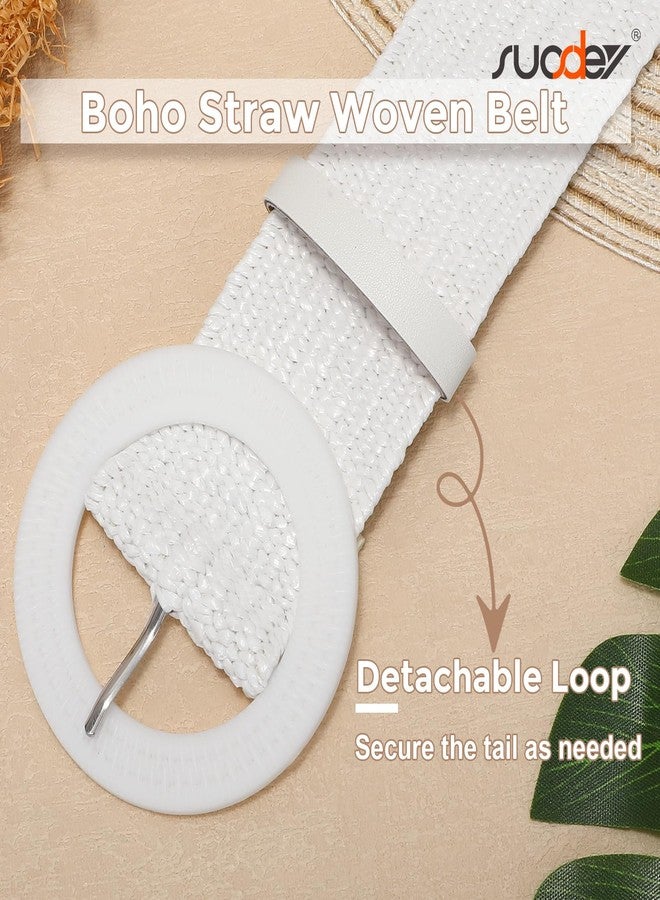 SUOSDEY Straw Woven stretchy Waist Belt for Women Dresses,Wide Boho Braided Elastic Belt with Round Buckle, 05-white, fits waist from 28"-32" - Image 2