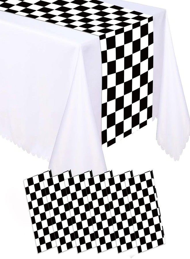 MOZUI 6 Pcs Plastic Race Car Table Runners - 14x108 Inch Black & White Checkered Table Runners Racetrack Road Table Cloths for Racing Theme Birthday Party, Disposable Waterproof Party Supplies - Image 1