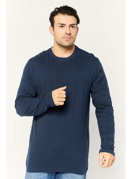 Men Crew Neck Long Sleeve Textured T-Shirt, Navy