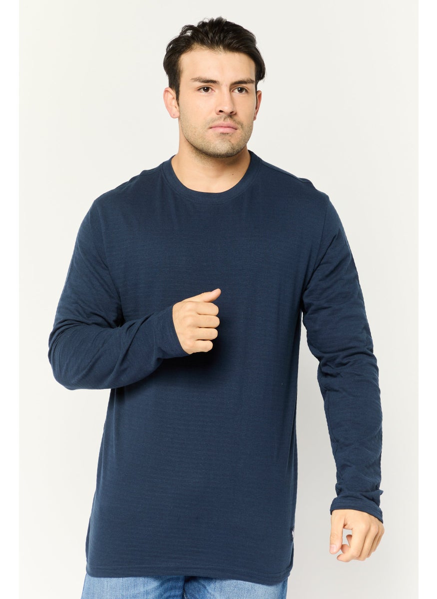 Company Eighty One - Men Crew Neck Long Sleeve Textured T-Shirt, Navy - Image 1