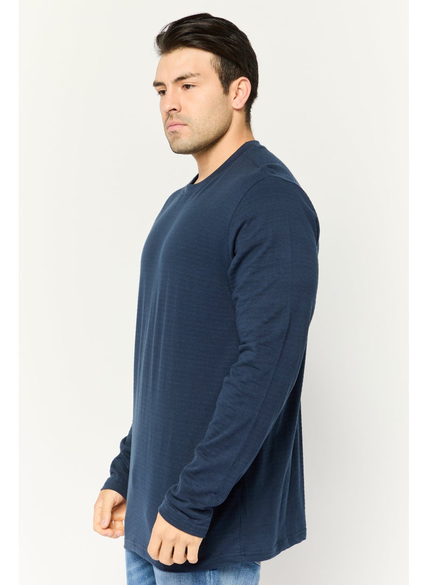 Company Eighty One - Men Crew Neck Long Sleeve Textured T-Shirt, Navy - Image 1