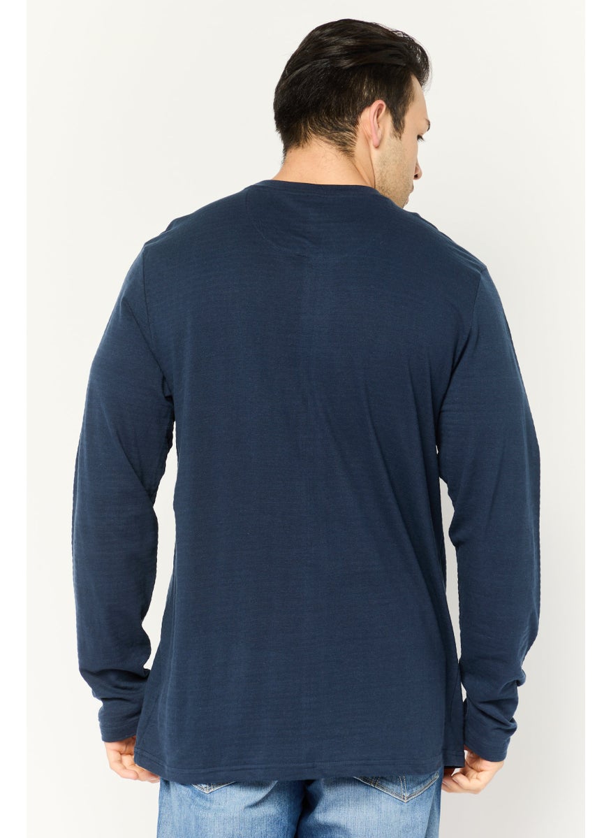 Company Eighty One - Men Crew Neck Long Sleeve Textured T-Shirt, Navy - Image 1
