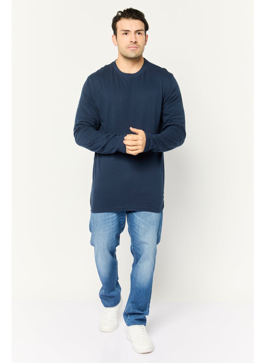 Company Eighty One - Men Crew Neck Long Sleeve Textured T-Shirt, Navy - Image 1