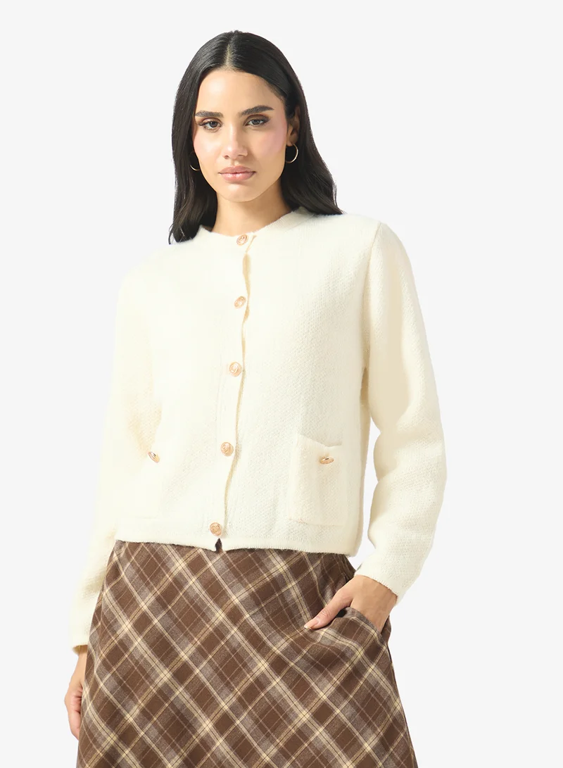 Ginger Classic Fine Knit Cardigan with Golden Accent