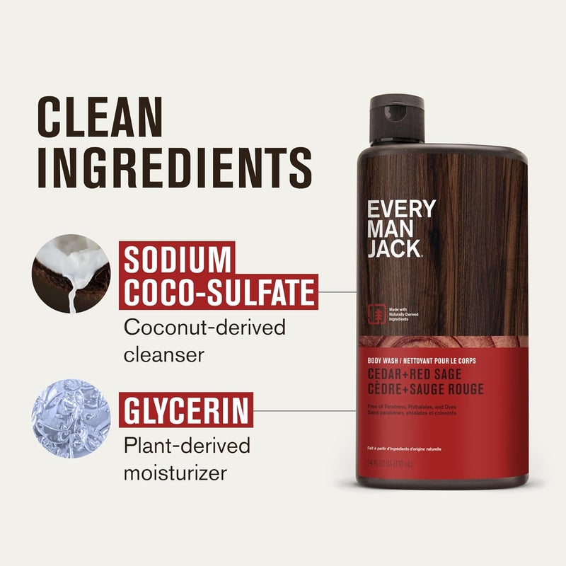 Every Man Jack Nourishing Cedar Red Sage Mens Body Wash for All Skin Types Naturally Derived Ingredients Cleanse and Hydrate Skin with Coconut and Glycerin 24oz 2 Bottles - Image 5