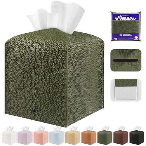 PARIERIS Tissue Box Cover Holder Square Tissue Cube Cover PU Leather Tissue Organizer with Bottom Belt for Bathroom, Tabletop, Car, Night Stands, Office, Home, Kitchen (1, OliveGreen) - Image 1