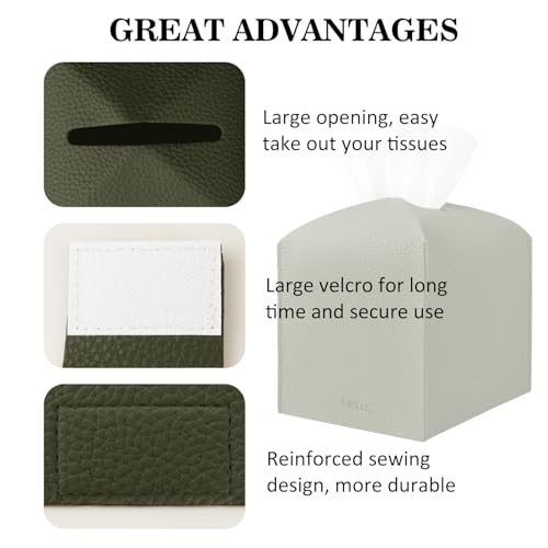 PARIERIS Tissue Box Cover Holder Square Tissue Cube Cover PU Leather Tissue Organizer with Bottom Belt for Bathroom, Tabletop, Car, Night Stands, Office, Home, Kitchen (1, OliveGreen) - Image 5