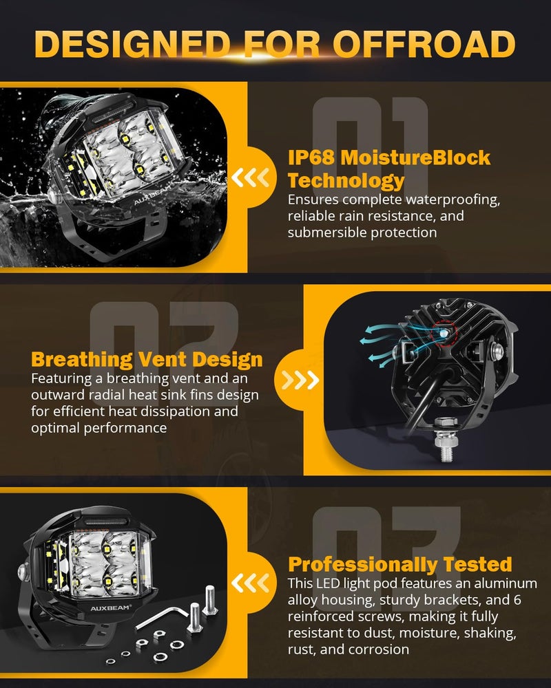 Auxbeam V-MAX Series 4in 92W Round LED Pods Wide Angle LED Kit, Side Shooter LED Offroad Driving Light with DRL, 270° Combo Beam Pattern Universal Auxiliary Light for Truck ATV Wrangler Ford Pickup - Image 3