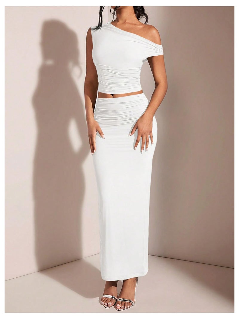 WDIRARA Women's Solid Asymmetrical Neck Two Piece Set One Shoulder Bodycon Maxi Skirt Set White Solid Medium - Image 5