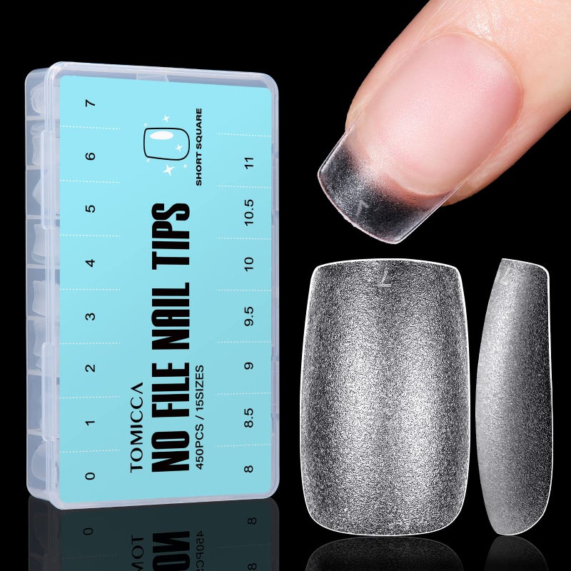 TOMICCA Short Coffin Nail Tips, 450Pcs Soft Pre Shaped Gel Fake Nails, 15 Sizes Full Cover Double-sided Matte Press on Flase Nail Tips for Home DIY Nail Art Women Girls - Image 1