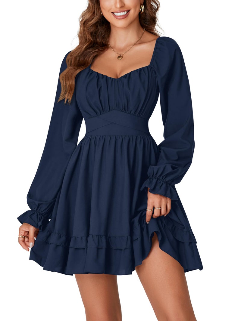 KIFOVEN Women's Lantern Long Sleeve Smocked Wrap Tiered Ruffle Flowy A Line Short Mini Dress Navy Blue X-Small - Image 1