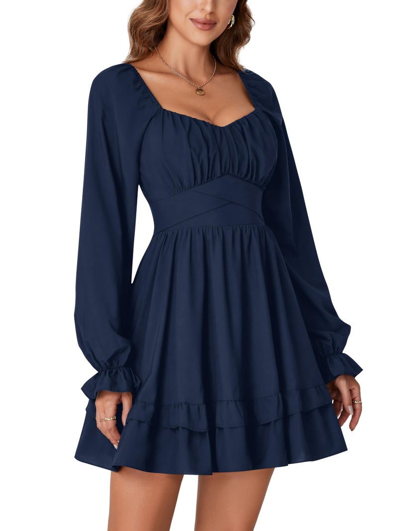 KIFOVEN Women's Lantern Long Sleeve Smocked Wrap Tiered Ruffle Flowy A Line Short Mini Dress Navy Blue X-Small - Image 4