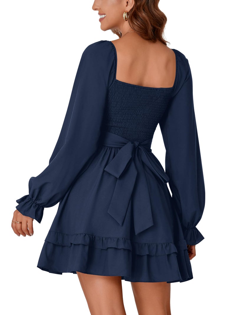 KIFOVEN Women's Lantern Long Sleeve Smocked Wrap Tiered Ruffle Flowy A Line Short Mini Dress Navy Blue X-Small - Image 5