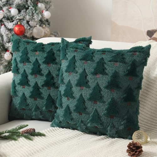 Allorry Christmas Pillow Covers 18x18 inch Set of 2 Xmas Decorations Soft Plush Faux Fur Wool Green Christmas Tree Throw Pillow Cases Winter Holiday Decor for Sofa Living Room PT002A18 - Image 1