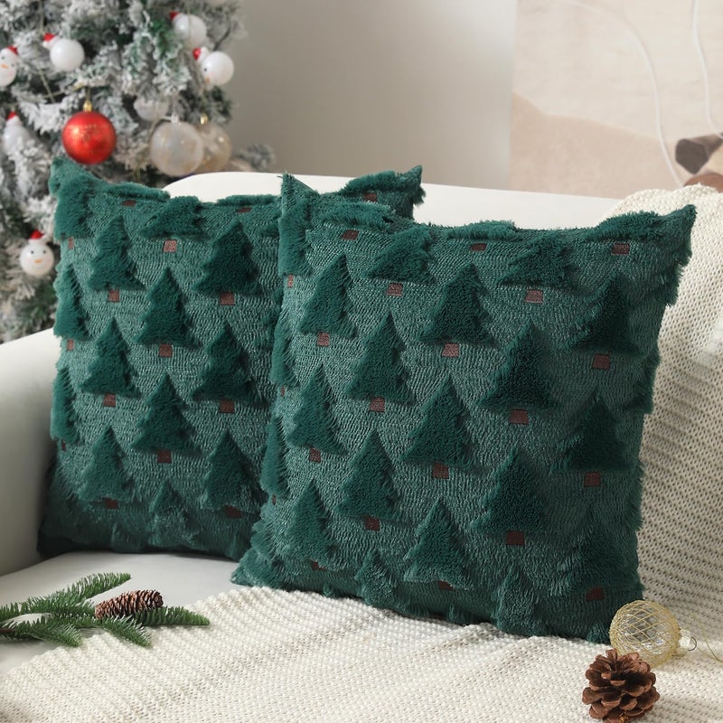 Allorry Christmas Pillow Covers 18x18 inch Set of 2 Xmas Decorations Soft Plush Faux Fur Wool Green Christmas Tree Throw Pillow Cases Winter Holiday Decor for Sofa Living Room PT002A18 - Image 2