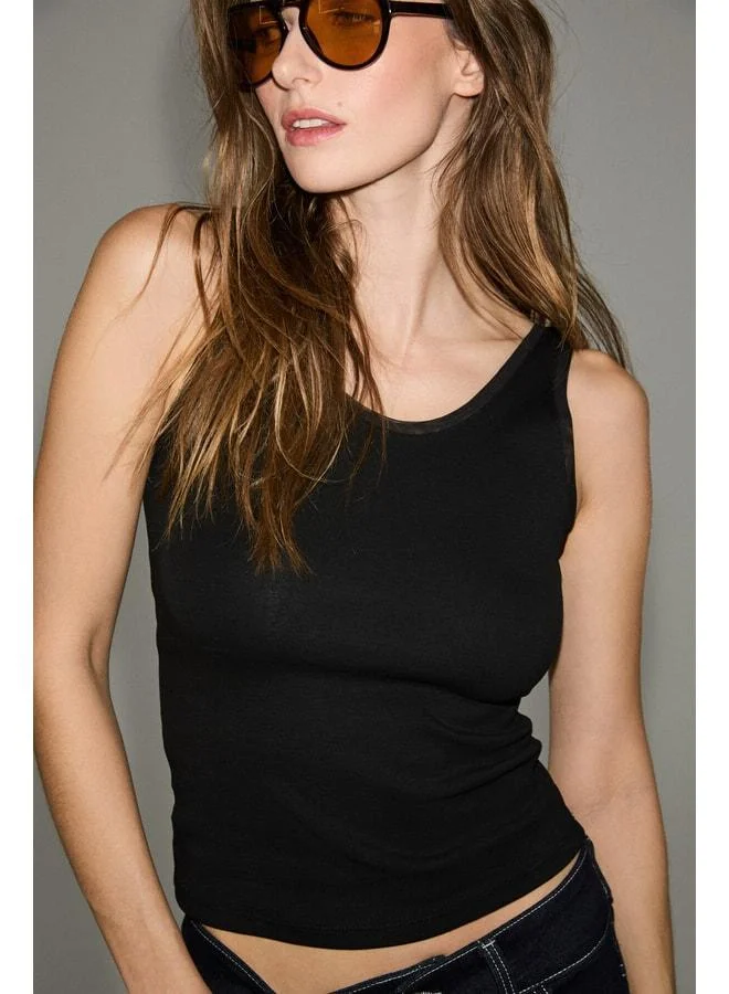 Grimelange BADEN Women's Soft and Flexible Fabric Mesh Laced Black Tank Top.