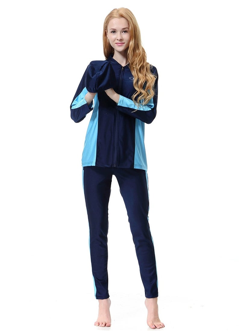 Loquat - 3-Piece Conservative Long Sleeve Swimsuit Set With Cap Islamic Swimwear Burkinis Blue - Image 1
