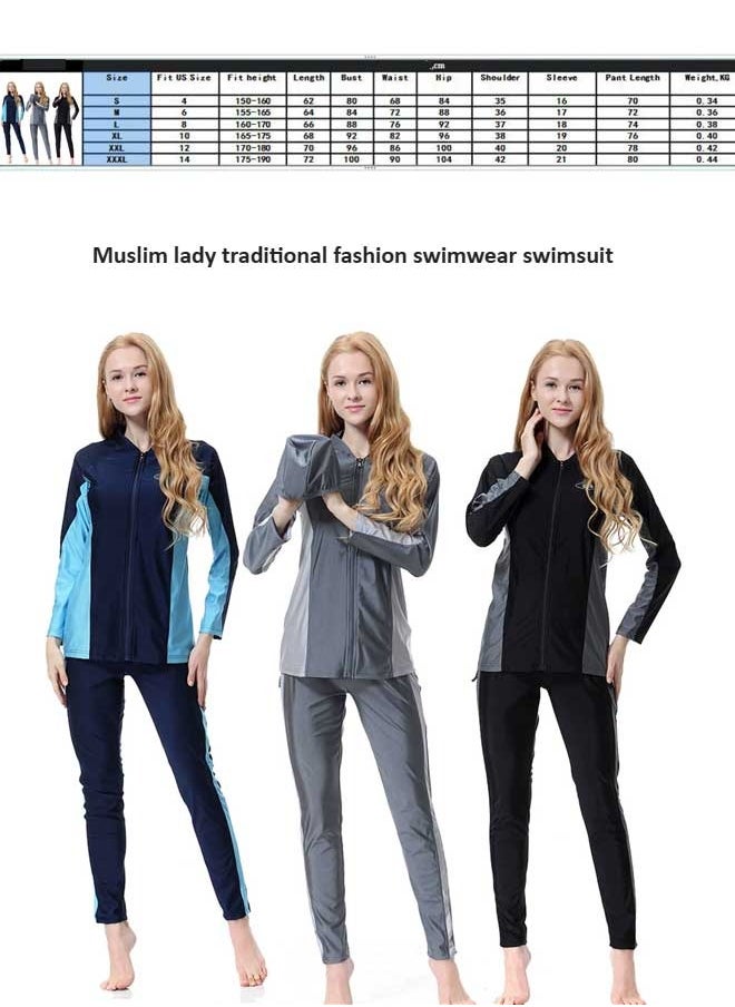 Loquat - 3-Piece Conservative Long Sleeve Swimsuit Set With Cap Islamic Swimwear Burkinis Blue - Image 1