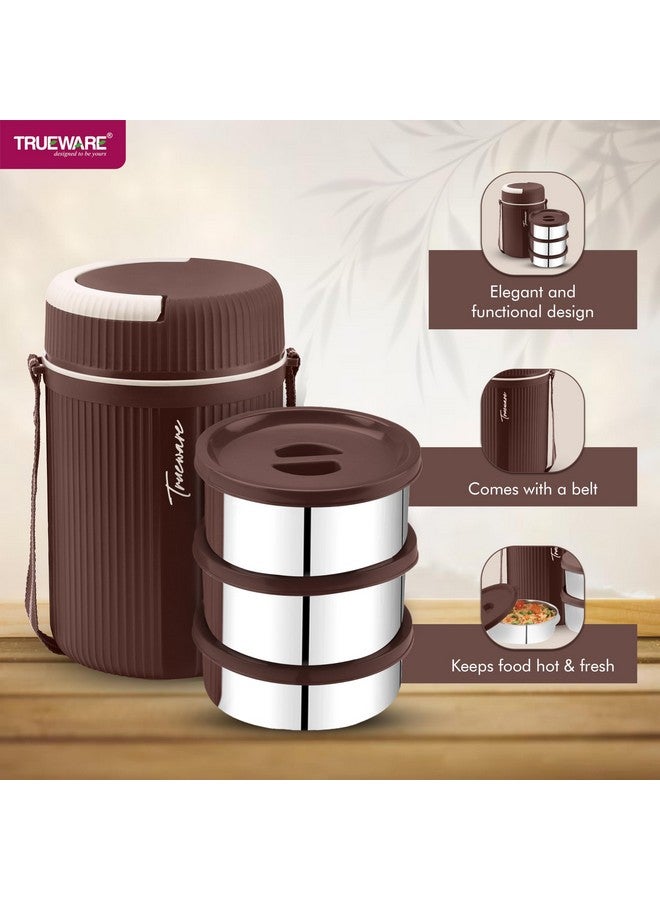 Trueware صندوق غداء معزول مزدوج الجدار من Trueware بلاستيك GRUB 2 مع 2 حاوية ستانلس ستيل سعة 300 مل لكل منهما و 1 حاوية ستانلس ستيل سعة 200 مل | خالي من BPA | درجة غذائية | ساخن وطازج لعدة ساعات (بني) - Image 4