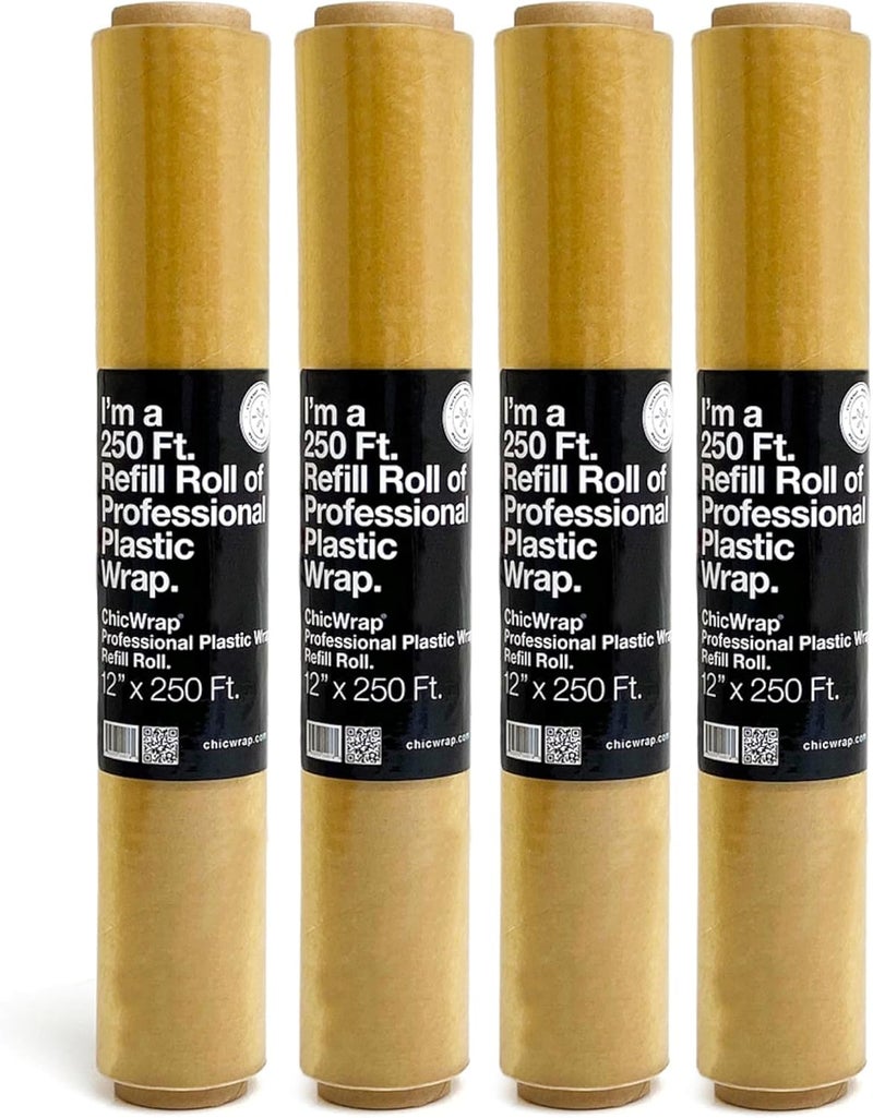 ChicWrap Professional Plastic Wrap Refill Rolls - 4 Pack, 12" x 250' BPA-Free Clear Wrap - Microwave Safe, Air-Tight Seal for Food Preservation - Ideal for Dispensers, Food Storage & Wrapping - Image 1