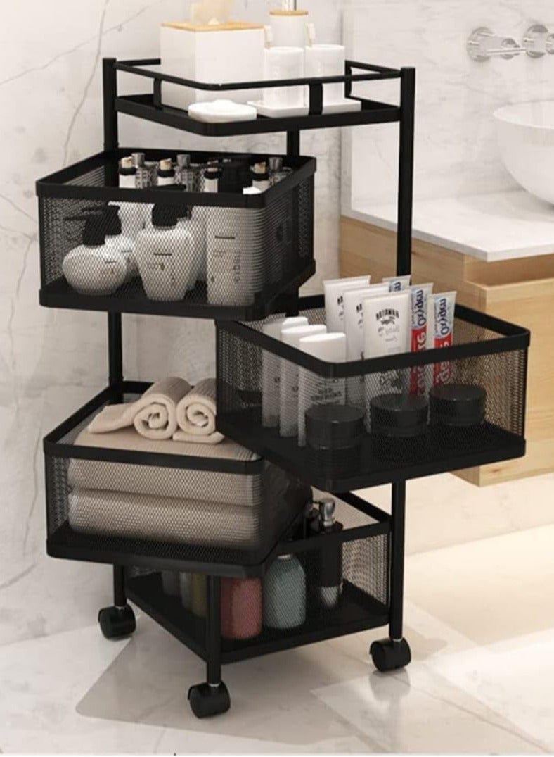 Multi-Layer Kitchen Storage Shelf Rotatable Steel Rack 4 Movable Wheels Fruit Vegetable Snack Organizer Stand Black, 4 roles  - Image 3