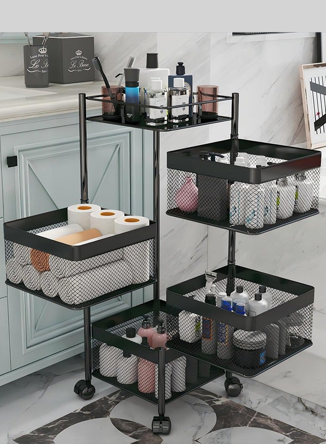 Multi-Layer Kitchen Storage Shelf Rotatable Steel Rack 4 Movable Wheels Fruit Vegetable Snack Organizer Stand Black, 4 roles  - Image 1