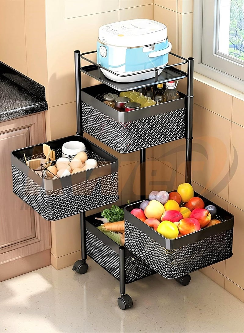 Multi-Layer Kitchen Storage Shelf Rotatable Steel Rack 4 Movable Wheels Fruit Vegetable Snack Organizer Stand Black, 4 roles  - Image 2