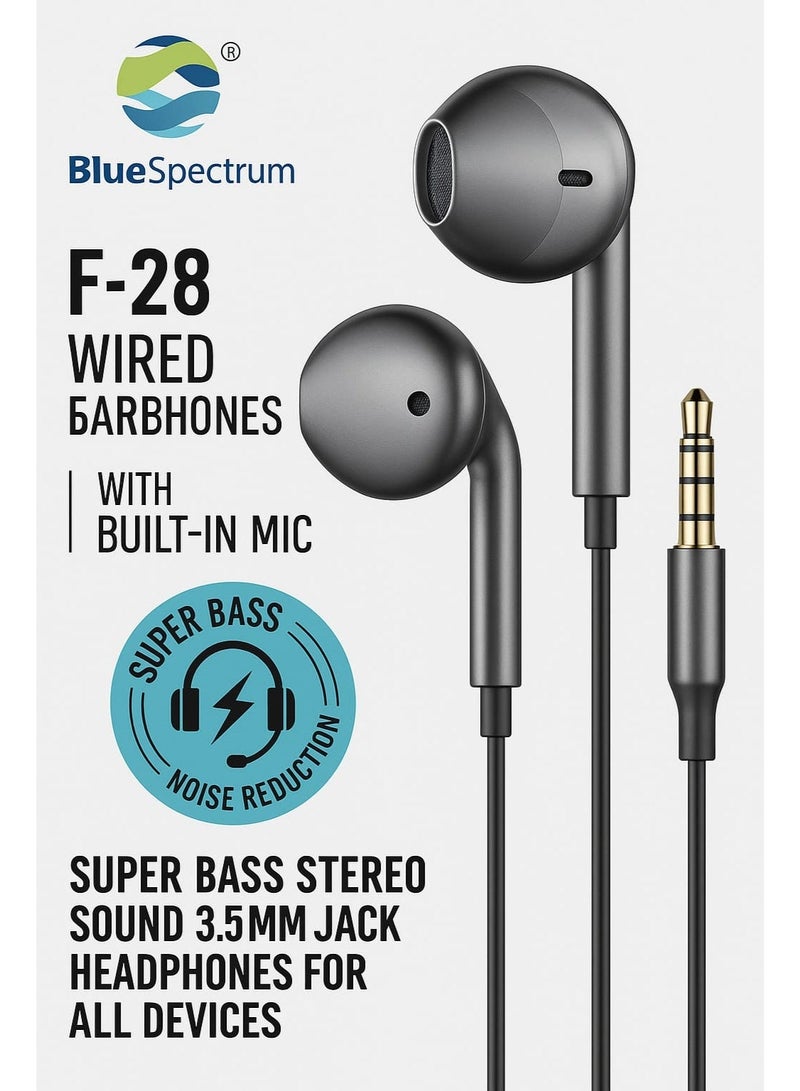 Blue Spectrum F-28 Wired Earphones with Built-in Mic | Super Bass Stereo Sound 3.5mm Jack Headphones for All Devices | Noise Reduction - Image 2