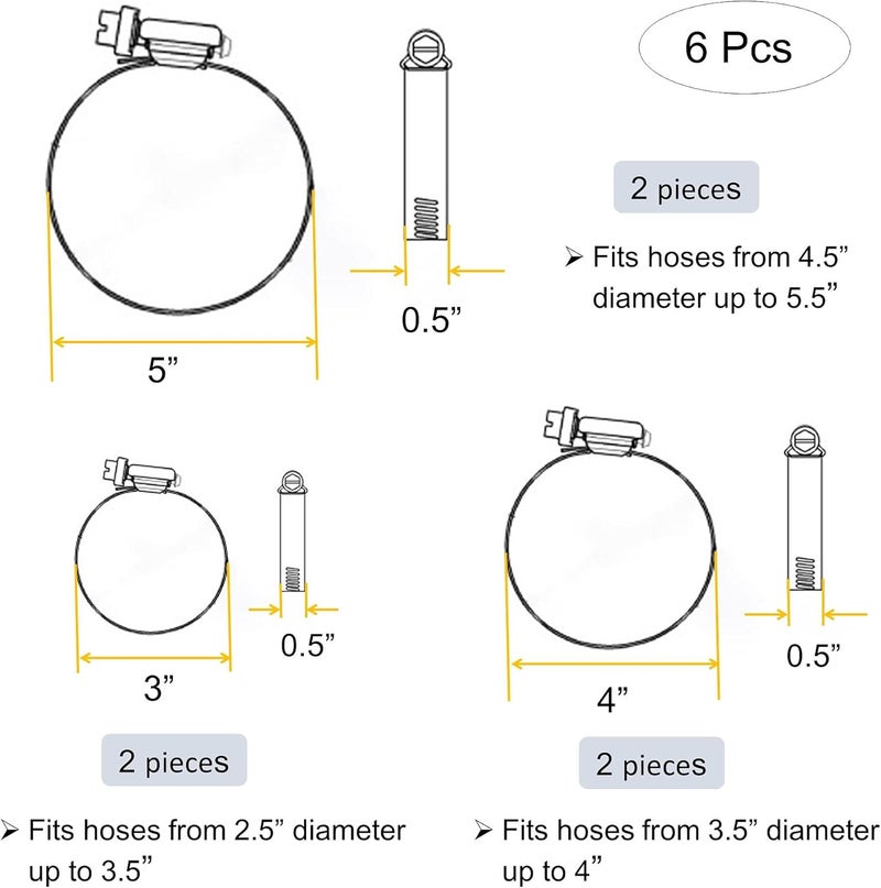 EesTeck 6 Pieces (3" 4” 5") Adjustable 304 Stainless Steel Worm Gear Hose Clamps Water Pipe Clamps Assortment Kit Duct Clamps Pipe Clamp worm drive hose clamps (3" 4” 5") - Image 4