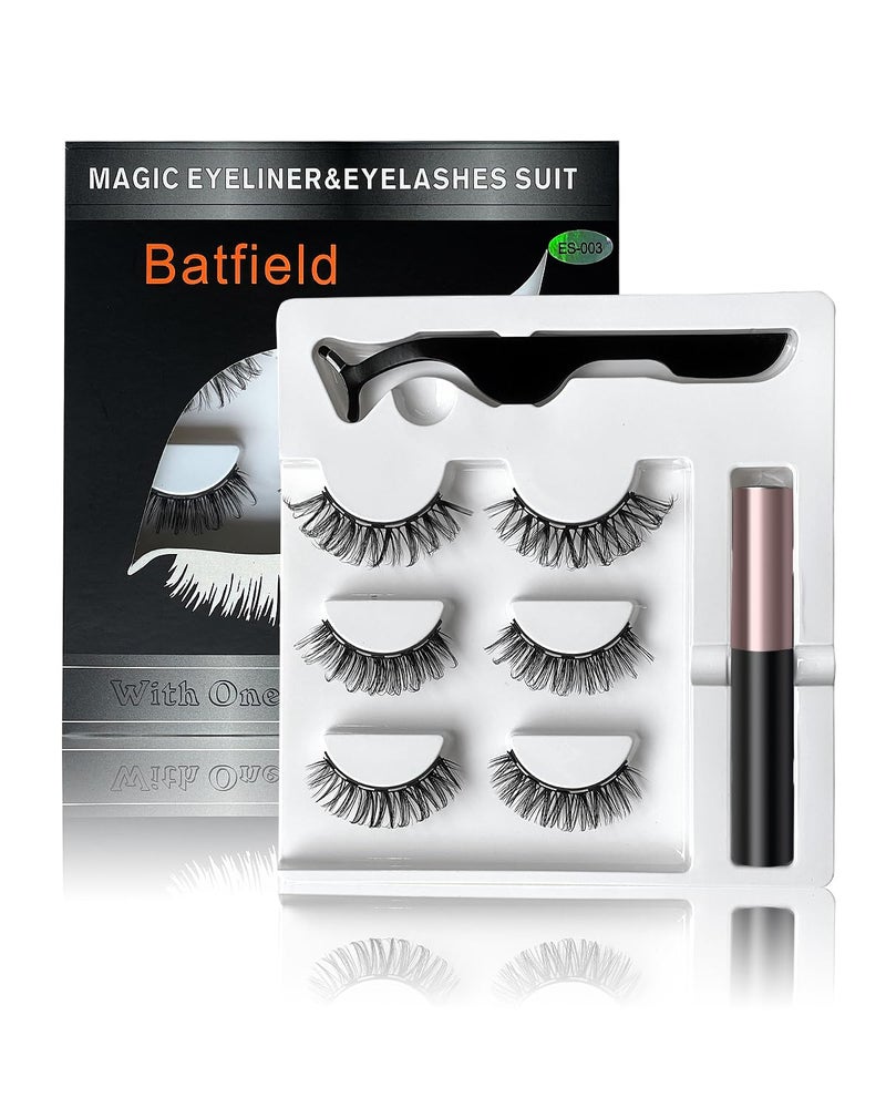 Batfield 3 Pairs Magnetic False Eyelashes - Reusable Fake Eyelashes with Eyeliner and Tweezer - Artificial Eye Lashes for Women Natural Wispy(Style 5) - Image 1