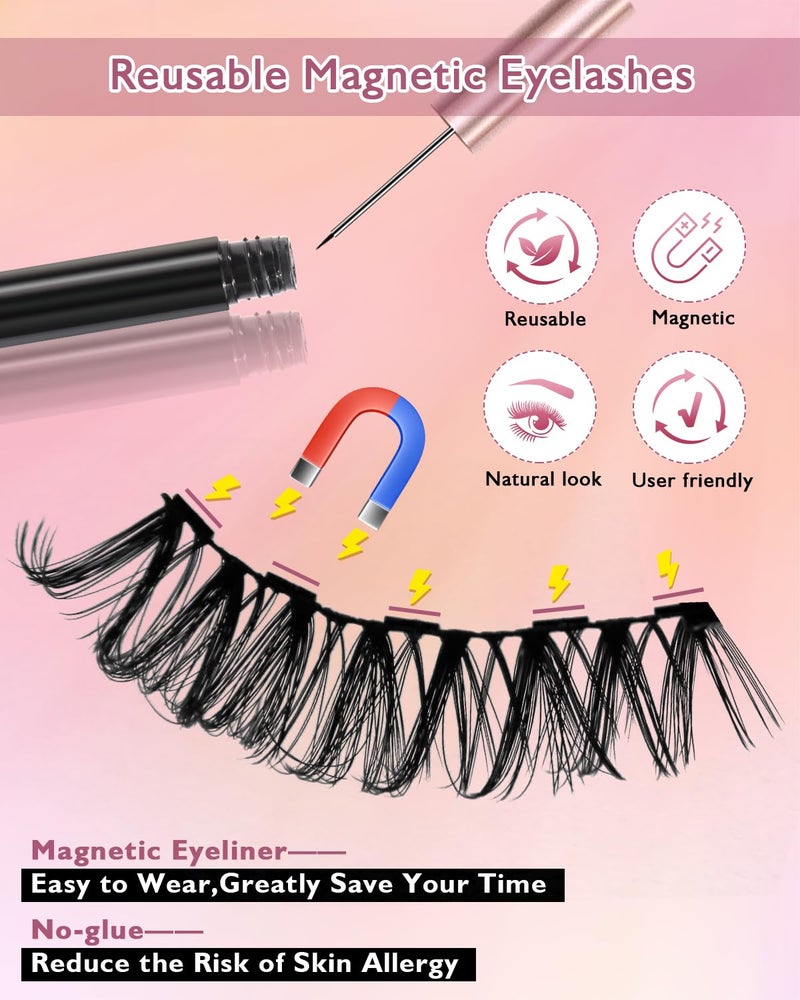 Batfield 3 Pairs Magnetic False Eyelashes - Reusable Fake Eyelashes with Eyeliner and Tweezer - Artificial Eye Lashes for Women Natural Wispy(Style 5) - Image 2