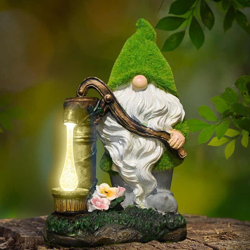 Creative Flocked Well Pump Gnome Solar Outdoor Light for Garden Path Statue Decor - Image 4