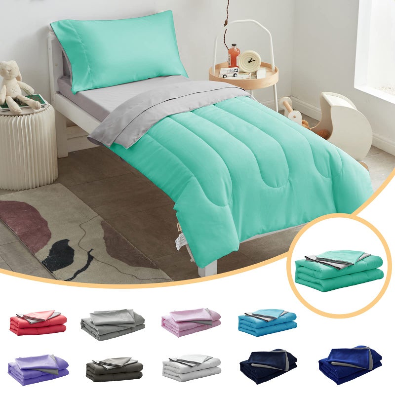 UOZZI BEDDING 4 Pieces Toddler Bedding Set Ultra Soft and Breathable Toddler Sheet Set Includes Comforter Flat Sheet Fitted Sheet and Pillowcase TealGreen Gray