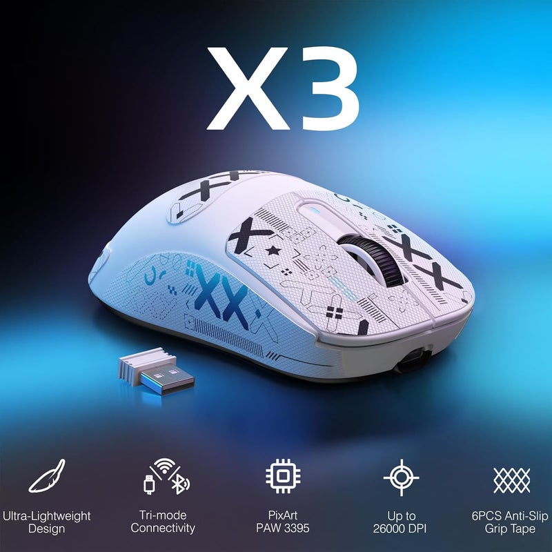 MANBASNAKE ATTACK SHARK X3 Lightweight Wireless Gaming Mouse, 49g Tri-Mode Bluetooth/2.4G/USB-C Wired Mouse, PAW3395 26K DPI Sensor, 200h Battery Life, Programmable Buttons, Griptape for PC/Laptop/Mac - Image 2