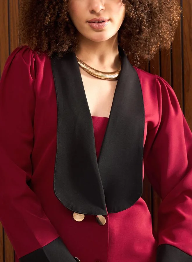 SASSAFRAS Women Maroon Contrast Trim Double Breasted Blazer Mini Dress