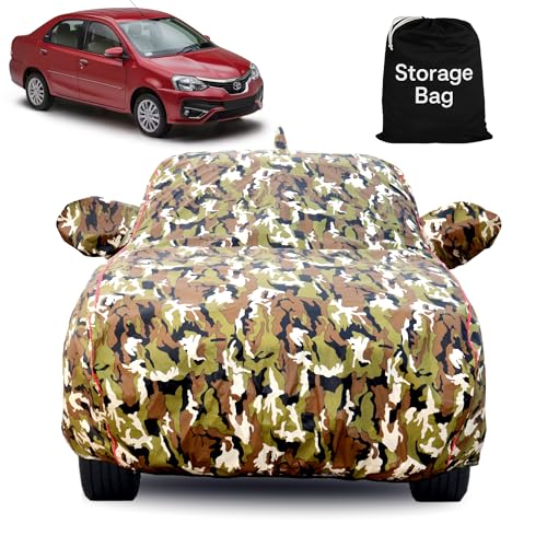 Slamio 100% Waterproof Car Body Cover for Toyota Etios with Mirror and Antenna Pocket and Soft Cotton Lining Full Bottom Elastic Triple Stitched (Junglee Print) - Image 1