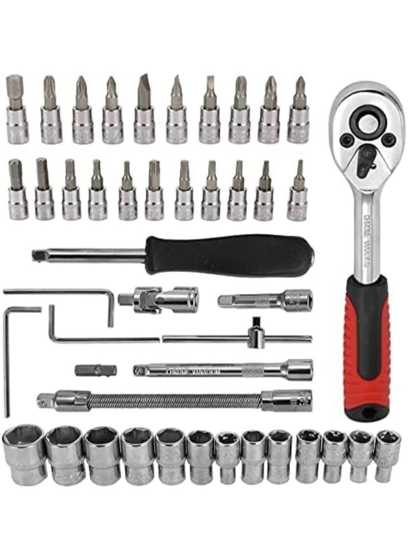 Generic COMFET 46pcs 1/4 Drive Socket wrench set, metric repair tools, Ratchet Wrench Set with 4-14mm Cr-V Sockets, Screwdriver Bits, Extension Bars for Car Bike Repair and Home Maintenance.  - Image 2